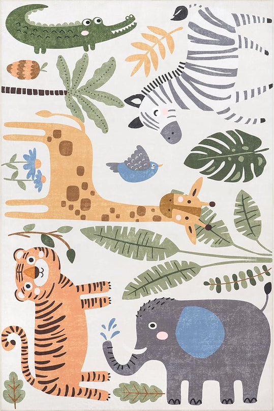 nuLOOM Felipa Safari Machine Washable Kids Ultra Thin Area Rug, 4x6, White Multi - LeafyLoom