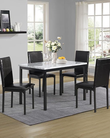 Roundhill Furniture 5 Piece Citico Metal Dinette Set with Laminated Faux Marble Top, Black Chair - LeafyLoom