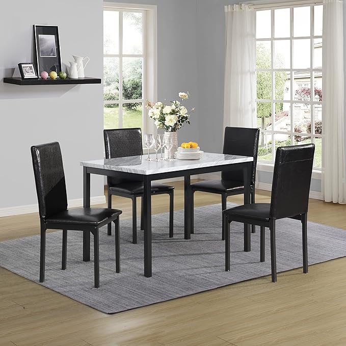 Roundhill Furniture 5 Piece Citico Metal Dinette Set with Laminated Faux Marble Top, Black Chair - LeafyLoom