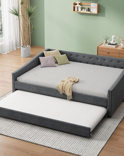 Full Size Upholstered Daybed with Twin Size Trundle,Wood Sofa Bed Frame W/Button Tufted Back and Nailhead Decorated Waved Shape Arms,Slat Support,for Bedroom,Living Room,Apartment,Dark Gray - LeafyLoom