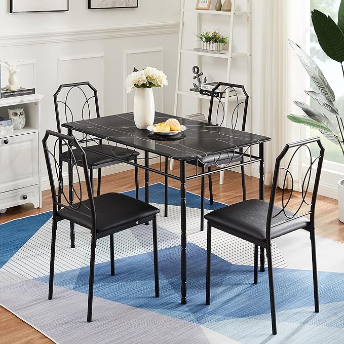 VECELO 5 Pieces Sets,43.3" Table&chairs for 4,Industrial Counter Height Tabletop with Bar Stools, Rectangle Breakfast Chairs, Living Room, Apartment, Dining table for 4, BLack - LeafyLoom