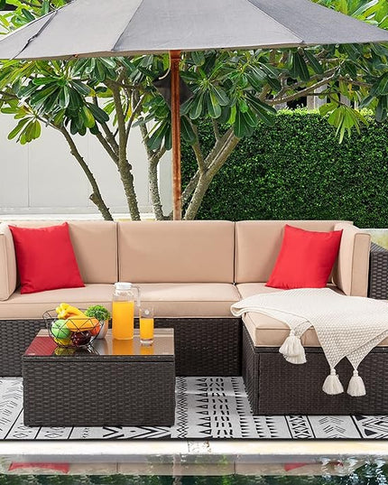 Shintenchi 5 Pieces Patio Furniture Sets Outdoor All-Weather Sectional Patio Sofa Set PE Rattan Manual Weaving Wicker Patio Conversation Set with Glass Table&Ottoman Cushion and Red Pillows - LeafyLoom