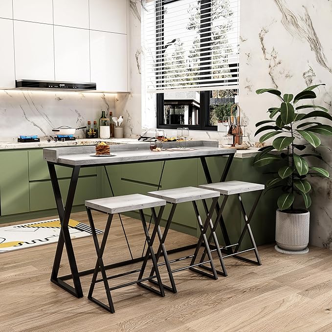 NicBex Kitchen Table Set Dining Room Set Modern Design Kitchen Dining Table, Pub Table with X-Shaped Table Legs, Long Dining Table Set with 3 Stools, Easy Assemble, Gray - LeafyLoom