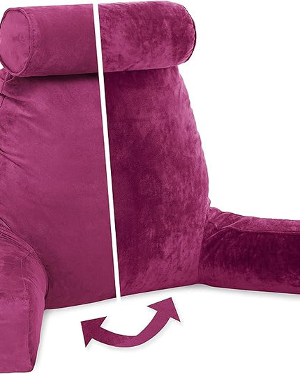 Husband Pillow XXL Cover Aspen Edition Sliding Raspberry, Reversible Microfiber to Microsuede, Side & Back Pockets - Handle for Transport - Super Cozy Bed Rest Pillow Cover with Arms - Easy Care - LeafyLoom