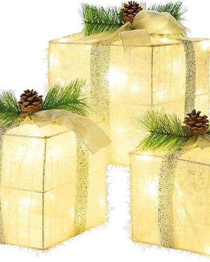Joiedomi Christmas Lighted Gift Boxes, Christmas Decorations Set of 3, Light up Present Boxes, 60 LED Warm White Lights for Indoor Holiday Décor, Christmas Eve Night Décor Joiedomi