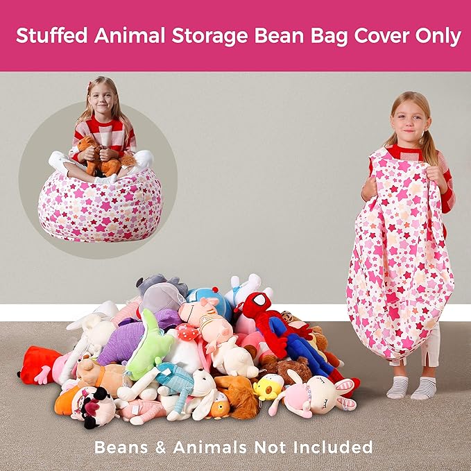 Aubliss Stuffed Animal Bean Bag Storage Chair (Pink Star, Medium (32'')) - LeafyLoom