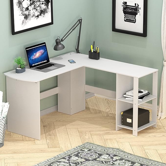 SHW L-Shaped Home Office Wood Corner Desk, White - LeafyLoom