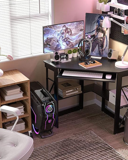 VECELO Corner Computer Desk 41 x 30 inches with Smooth Keyboard & Storage Shelves for Home Office Workstation, Black - LeafyLoom