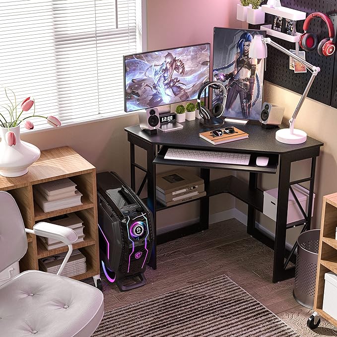 VECELO Corner Computer Desk 41 x 30 inches with Smooth Keyboard & Storage Shelves for Home Office Workstation, Black - LeafyLoom