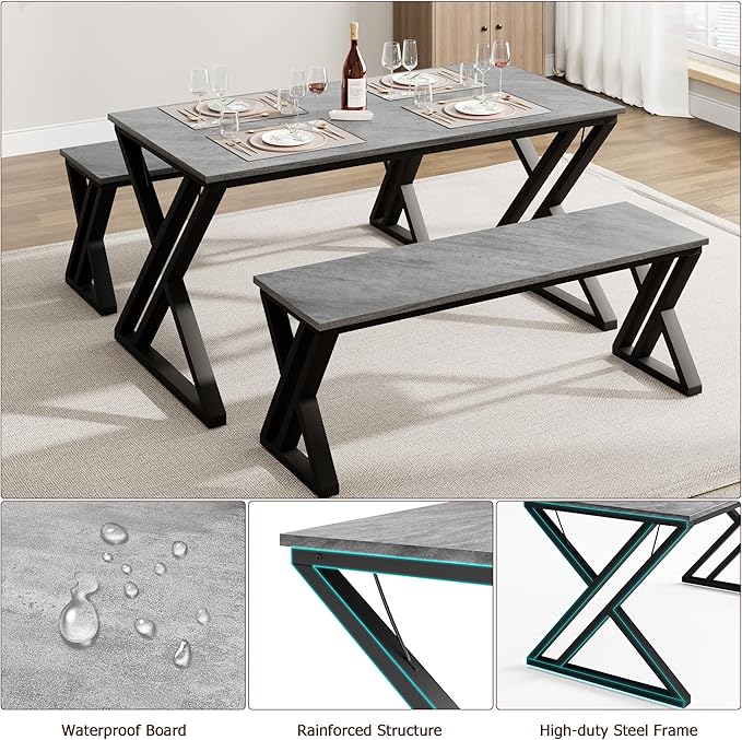 IDEALHOUSE Kitchen Table with Benches, Dining Table Benches Set for 4, Rectangular Kitchen Table Set with Sturdy Metal Frame, Saving Space for Kitchen, Dining Room, Apartment, Gray, 44.8" - LeafyLoom