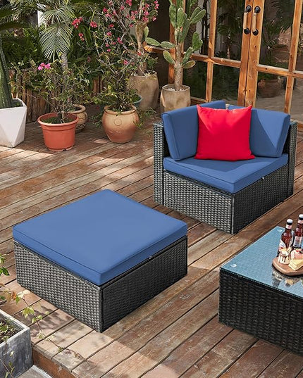 Greesum 3 Piece Patio Conversation Set Wicker Rattan Furniture Outdoor Sofa with Cushions,Pillows & Glass Table for Porch,Lawn and Yard, Dark Blue - LeafyLoom