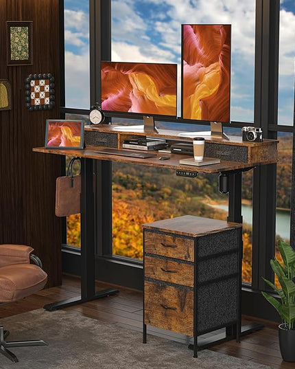 55 Inch Electric Standing Desk with Cabinet & Drawers, Height Adjustable Sit Stand Desk with Monitor Shelf, Smart Home Office Standing Computer Desk, Rustic Brown - LeafyLoom