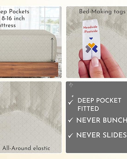 California Design Den Cal King Sheets Set, 400 Thread Count, 100% Cotton, California King Size, 4 Pc Deep Pocket King Size Sheets & Pillowcase Set (Taupish-Sage Crosshatch) - LeafyLoom