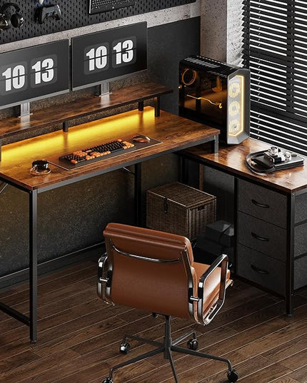 Reversible L Shaped Computer Desk with Drawers, Gaming Desk with LED Lights and Power Outlets, Office Desk with Storage, Corner Desk with Monitor Stand, for Home & Office, Rustic Brown - LeafyLoom