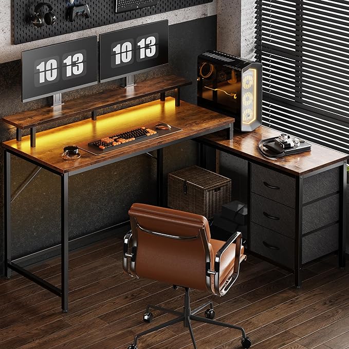 Reversible L Shaped Computer Desk with Drawers, Gaming Desk with LED Lights and Power Outlets, Office Desk with Storage, Corner Desk with Monitor Stand, for Home & Office, Rustic Brown - LeafyLoom