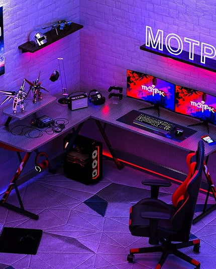 MOTPK L Shaped Gaming Desk 66 Inch, Gaming Computer Desk L Shape with Carbon Fiber Surface, Gamer Desk Gaming Table with Monitor Shelf, Cup Holder & Headphone Hook, Black - LeafyLoom