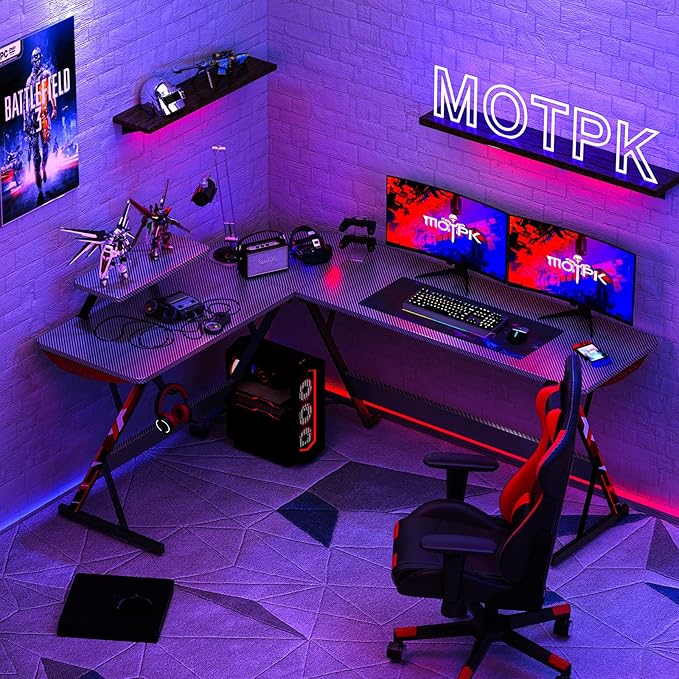 MOTPK L Shaped Gaming Desk 66 Inch, Gaming Computer Desk L Shape with Carbon Fiber Surface, Gamer Desk Gaming Table with Monitor Shelf, Cup Holder & Headphone Hook, Black - LeafyLoom
