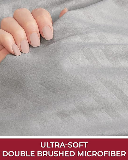 Mellanni Queen Sheets Set - 4 PC Iconic Collection Bedding Sheets & Pillowcases - Hotel Luxury, Extra Soft, Cooling Bed Sheets - Deep Pocket up to 16 inch (Queen, Striped Gray/Silver) - LeafyLoom