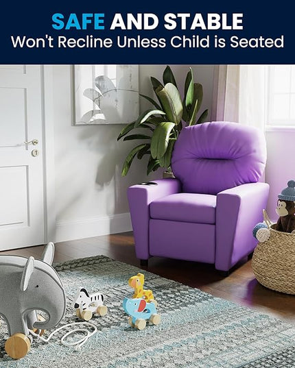 Flash Furniture Chandler Vinyl Kids Recliner with Cup Holder and Safety Recline, Contemporary Reclining Chair for Kids, Supports up to 90 lbs., Lavender - LeafyLoom