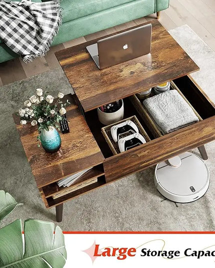 WLIVE Wood Lift Top Coffee Table with Hidden Compartment and Adjustable Storage Shelf, Lift Tabletop Dining Table for Home Living Room, Office, Rustic Oak - LeafyLoom