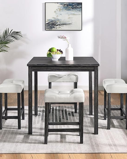 Home Kitchen 5 Piece Dining Set, Breakfast 4 Padded Stools, Industrial Bar Table & Chairs Furniture for Living Room, Apartment, Space-Saving Design, White+Black - LeafyLoom