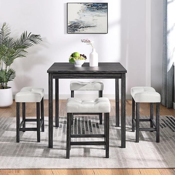Home Kitchen 5 Piece Dining Set, Breakfast 4 Padded Stools, Industrial Bar Table & Chairs Furniture for Living Room, Apartment, Space-Saving Design, White+Black - LeafyLoom