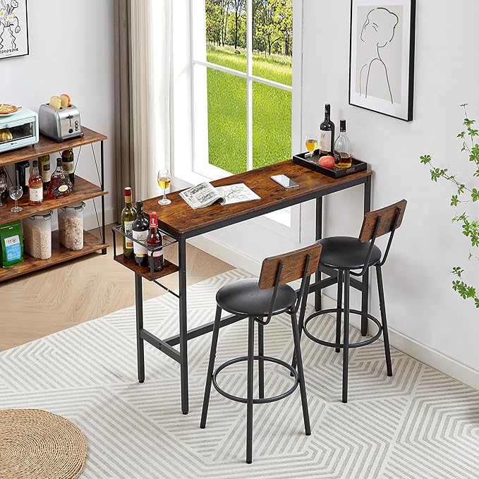 NicBex Kitchen Table for 2 Dining Table Set Table and Chairs Wine Bottle Storage Rack, Pu Leather Modern Dining Room Sets for Home, Kitchen, Dining Room, Rustic Brown - LeafyLoom