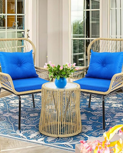 YITAHOME 3-Piece Outdoor Patio Furniture Wicker Bistro Set, All-Weather Rattan Conversation Chairs for Backyard, Balcony and Deck with Soft Cushions, Glass Side Table (Light Brown+Navy Blue) - LeafyLoom