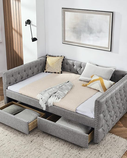 RITSU Full Size Upholstered Daybed, Pull Out with Two Storage Drawers, Solid Wood Frame Sofa Bed, Tufted Buttons and Copper Nails On Square Arms, for Bedrooms, Apartments, 82.75, Grey-2 - LeafyLoom