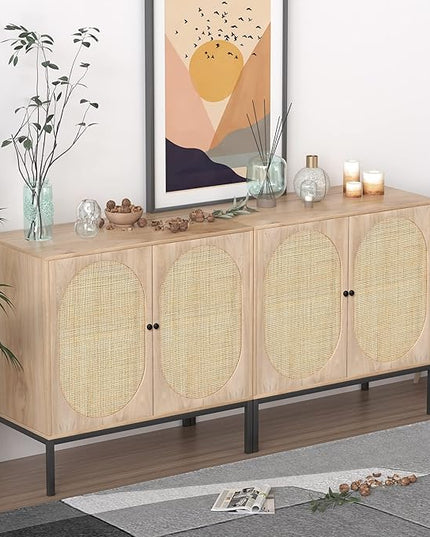 XIAO WEI Set of 3 Sideboard with Handmade Natural Rattan Doors, Rattan Cabinet Console Table Storage Cabinet Buffet Cabinet, for Kitchen, Living Room, Dining, Entryway, Oval Doors - LeafyLoom