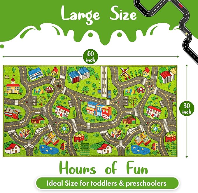 Kids Carpet Playmat City Life 3D Playroom Rug | 30 x 60 Inch Extra Large Toddler Activity Mat for Race Cars & Toys | Playroom Rug Makes a Fun Educational Gift Idea for Boys & Girls (Green) - LeafyLoom
