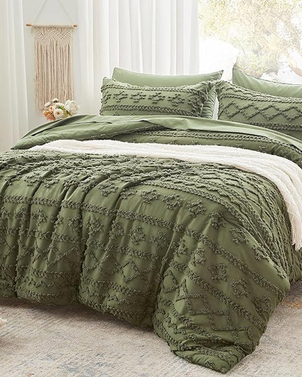 Anluoer Full Comforter Set 7 Pieces, Olive Green Tufted Bed in a Bag with comforters and sheets, All Season Bedding Sets with 1 Comforter, 2 PillowShams, 2 Pillowcases, 1 Flat Sheet, 1 Fitted Sheet - LeafyLoom