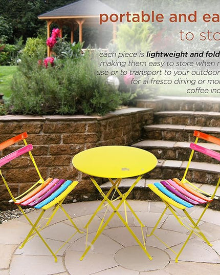 Alpine Corporation MSY114A Rainbow Metal Bistro Set w Two, Table: 24" L x 24" W x 28" H Chair: 16" L 18" W x 32" H - LeafyLoom