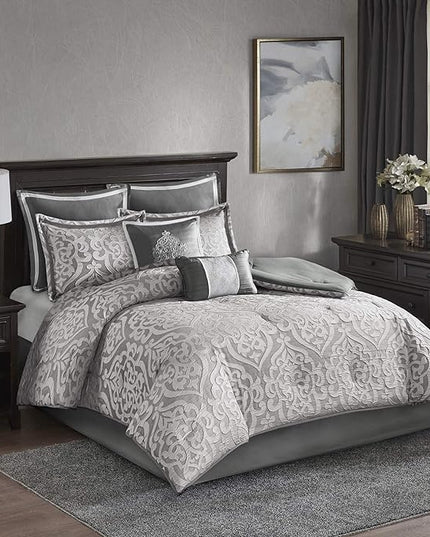 Madison Park Odette Cozy Comforter Set Jacquard Damask Medallion Design - Modern All Season, Down Alternative Bedding, Shams, Decorative Pillows, Cal King(104 in x 92 in), Silver 8 Piece - LeafyLoom