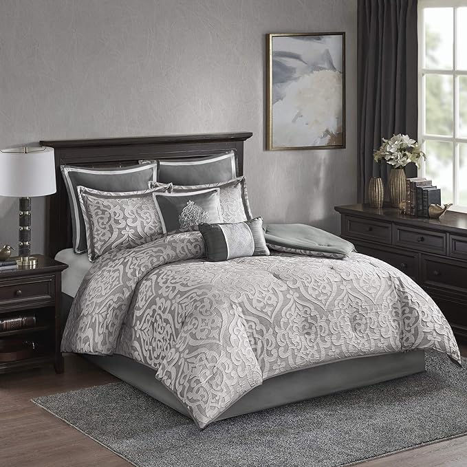 Madison Park Odette Cozy Comforter Set Jacquard Damask Medallion Design - Modern All Season, Down Alternative Bedding, Shams, Decorative Pillows, Cal King(104 in x 92 in), Silver 8 Piece - LeafyLoom