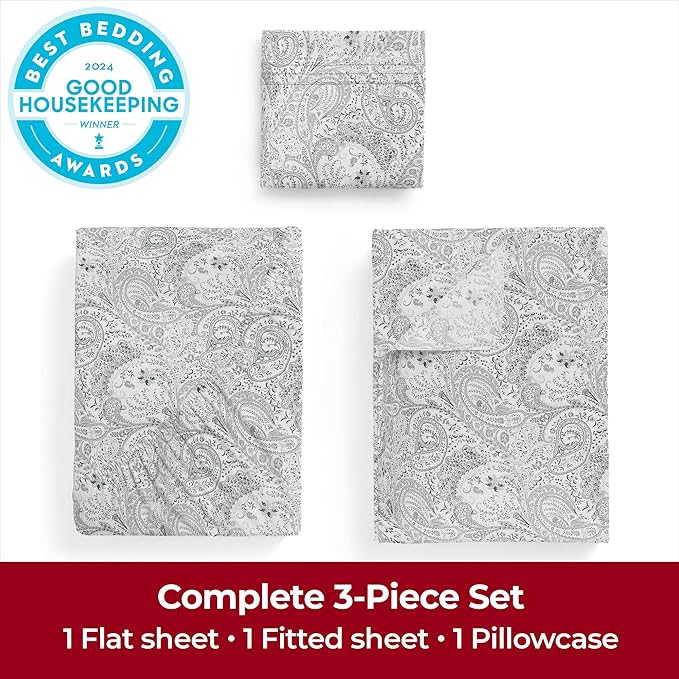 Mellanni Extra Deep Twin Sheets - 3 PC Iconic Collection Bedding Sheets & Pillowcases - Hotel Luxury, Ultra Soft, Cooling Bed Sheets - Extra Deep Pocket up to 21 inch (Twin, Paisley Gray) - LeafyLoom
