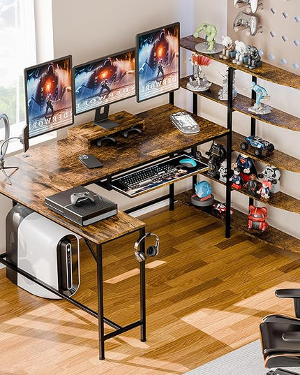 Shintenchi L Shaped Computer Desk, Multifunctional Gaming Desk with 5-Tier Storage Shelves, Monitor Stand, Keyboard Tray & Hook, Modern Style Study Workstation for Home Office, Vintage Brown - LeafyLoom