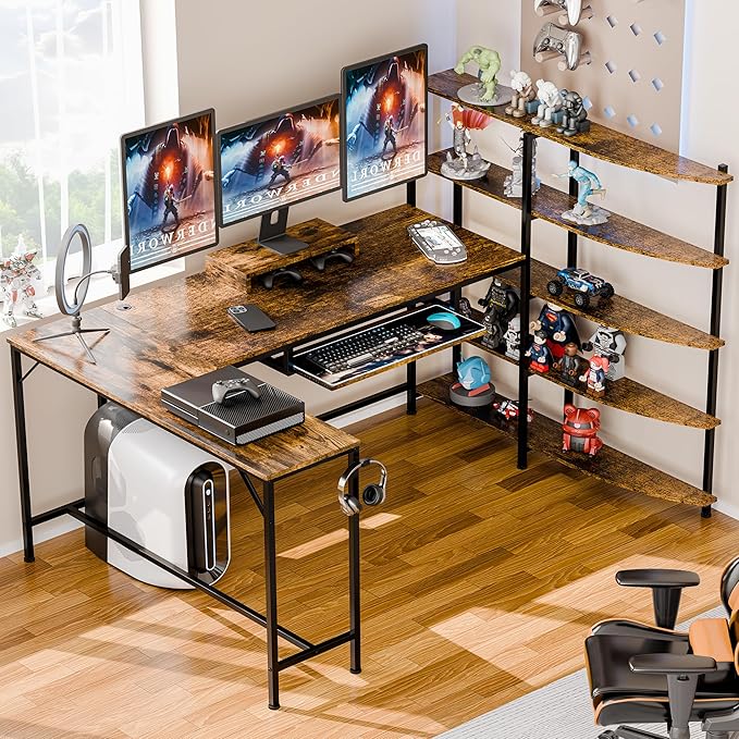 Shintenchi L Shaped Computer Desk, Multifunctional Gaming Desk with 5-Tier Storage Shelves, Monitor Stand, Keyboard Tray & Hook, Modern Style Study Workstation for Home Office, Vintage Brown - LeafyLoom