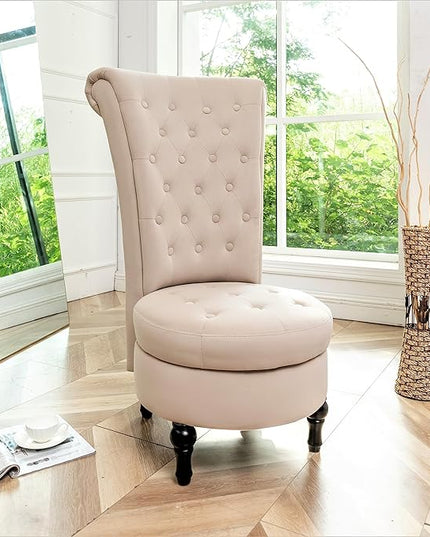 Royal High-Back Velvet Accent Chair for Vanity with Storage and Luxurious Upholstery, Retro Design and Versatile Usage for Living Room, Bedroom, Lounge and Office, Ivory - LeafyLoom