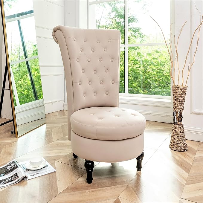 Royal High-Back Velvet Accent Chair for Vanity with Storage and Luxurious Upholstery, Retro Design and Versatile Usage for Living Room, Bedroom, Lounge and Office, Ivory - LeafyLoom