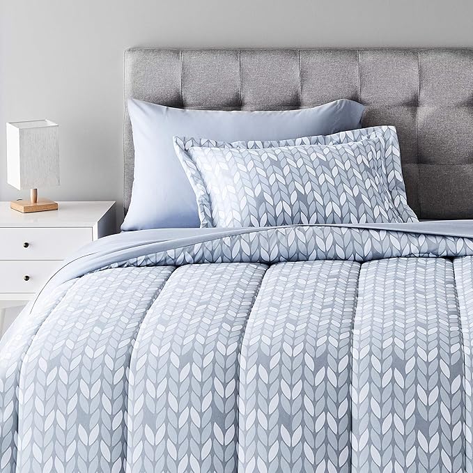 Amazon Basics Lightweight Microfiber Bed-in-a-Bag Comforter 5-Piece Bedding Set, Twin/Twin XL, Gray Leaf, Printed - LeafyLoom