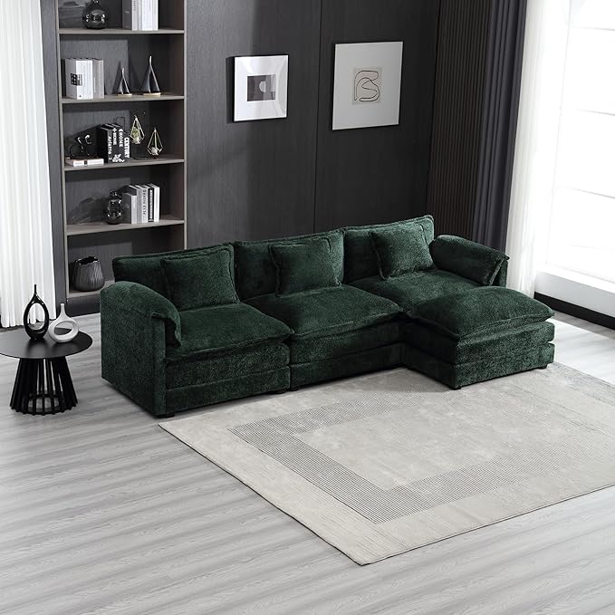 5 Seater L Shaped Convertible Modular Sectional Sofa with Reversible Chaise, Minimalist Oversized Sleeper Corner Couch,Chenille Upholstered Leisure Sofá for Living Room Office, Emerald 112.2" - LeafyLoom