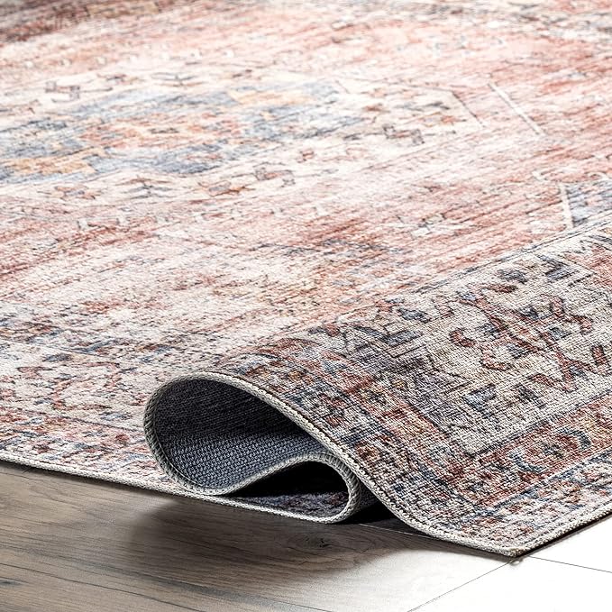 nuLOOM Desna Machine Washable Faded Vintage Ultra Thin Area Rug, 6' x 9', Peach - LeafyLoom