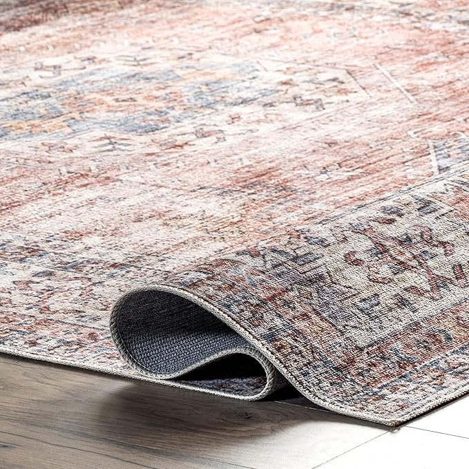 nuLOOM Desna Machine Washable Faded Vintage Ultra Thin Area Rug, 8' x 10', Peach - LeafyLoom