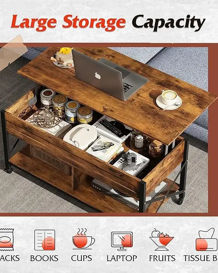 WLIVE Coffee Table, Lift Top Coffee Table with Hidden Compartment, 4 in 1 Multi-Function Coffee Tables with 4 Wheels for Living Room, Mid-Century Lift Tabletop Dining Table, Rustic Brown - LeafyLoom
