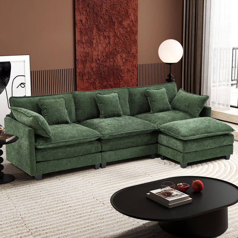 Ihanherry 111.4" L Shaped Modern Sofa Modular Sectional Cloud Couch with Ottoman, 4-Seat Chenille Deep Seat Sofa with Pillow for Living Room, Bedroom and Apartment, Beige LeafyLoom
