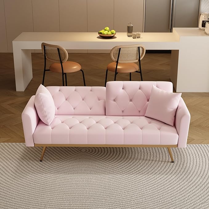 NicBex Sectional Couch Sofa with Throw Pillows Velvet Sofa Bed Cloud Couch for Living Room Furniture Sets with Metal Legs, Modular Sofa for Living Room, Bedroom, Apartment,68.3" L, Pink - LeafyLoom