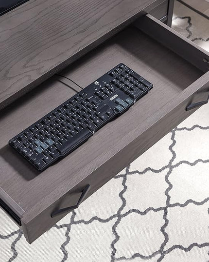 Leick Home 23400 Chisel & Forge Writing Computer Desk with Drop Front Keyboard Drawer, Smoke Gray and Matte Black - LeafyLoom