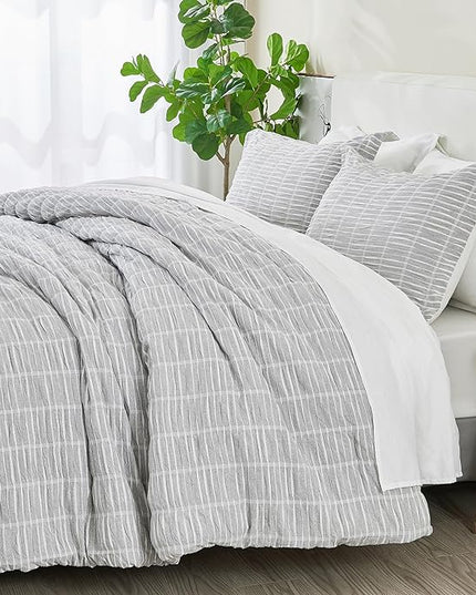 Full/Queen 100% Cotton Comforter Set | Grey Puckered Striped Down Alternative Comforter | All Season, Linen-Like, Textured 3 Piece Bedding Comforter Set (Full/Queen, Grey) - LeafyLoom