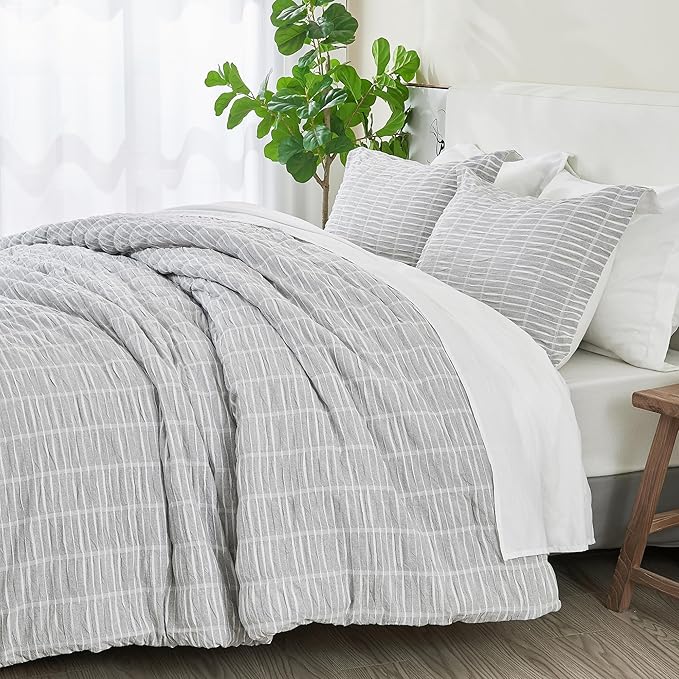 Full/Queen 100% Cotton Comforter Set | Grey Puckered Striped Down Alternative Comforter | All Season, Linen-Like, Textured 3 Piece Bedding Comforter Set (Full/Queen, Grey) - LeafyLoom
